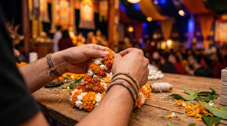 Decorator weaving an intricate floral garland of marigolds and jasmine for a festive celebration.