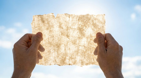 Person hands holding thick piece of blank torn parchment up to bright sunny sky