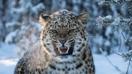Terrifying cold fury of Amur leopard snarling viciously displaying full teeth