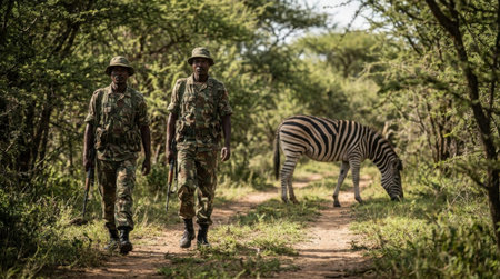 Anti Poaching Patrol Unit Walking Past Calm Grazing Zebra