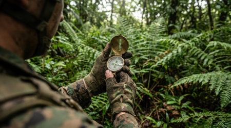 Soldier wearing tactical camouflage gloves holding an analog compass in the jungle