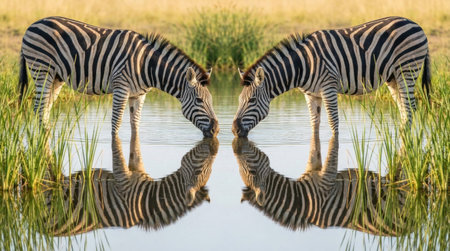 Two Zebras Drinking Side By Side Creating Symmetrical Reflection