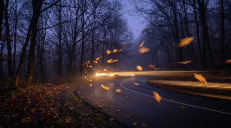 Glowing golden autumn leaves floating above dark winding forest road with motion blur