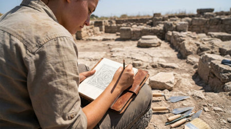 Archeology student sketching a complex geometric mosaic pattern into a notebook at an ancient ruin.