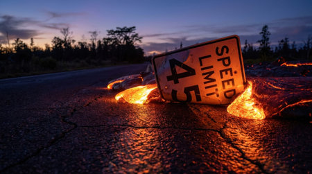 Glowing Lava Slowly Engulfing Metal Speed Limit Sign On Deserted Road