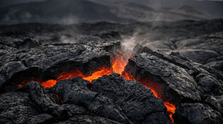 Macro View Of Thick Cooling Black Lava Crust Revealing Magma