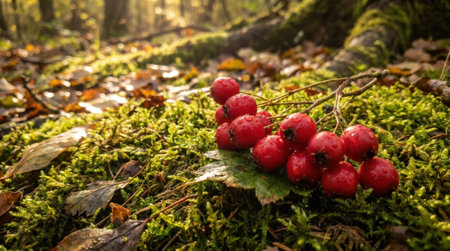 Macro shot of bright red autumn berries resting on a thick patch of green velvet moss.