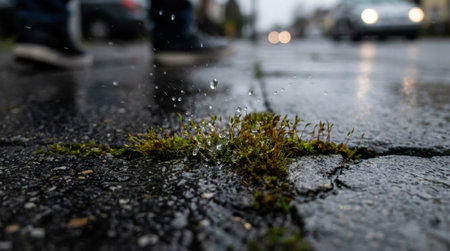 Macro shot of tiny rain drops splashing onto a resilient patch of pavement moss growing in a sidewalk crack.