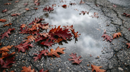 Vibrant red and orange dried oak leaves resting on wet asphalt puddle