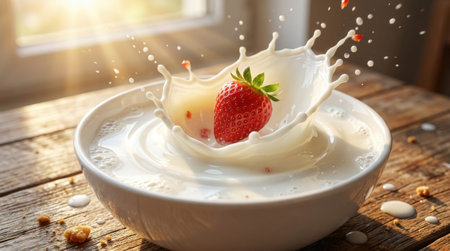 Ripe red strawberry falling into a bowl of fresh milk creating heavy milky ripples