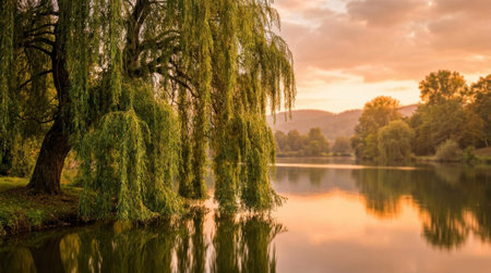 Massive weeping willow tree with trailing green leaves dipping into calm lake