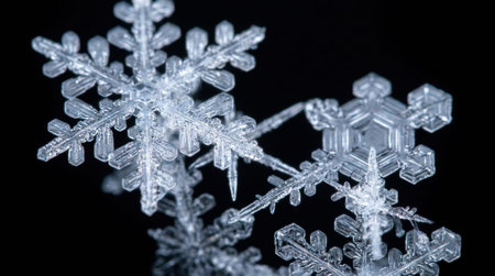 Intricate Macro Snowflake Crystals Isolated on Black for Blending