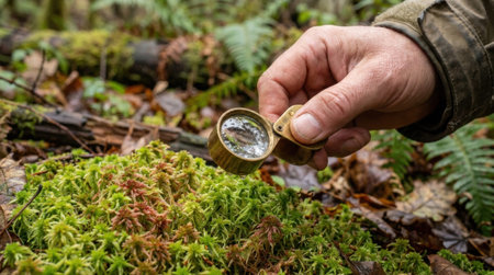 Botanist examining a patch of sphagnum moss with a magnifying loupe in a forest.