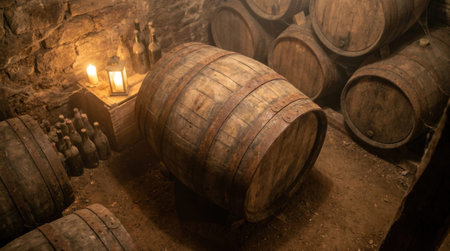 Old oak wooden wine barrel resting in dark traditional vineyard cellar