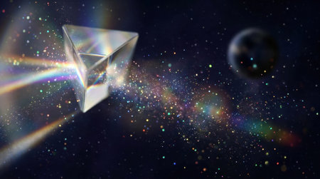 Vibrant rainbow colored light flares broken into glowing particles in space