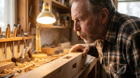 Woodworker blowing sawdust off a freshly cut timber joint in an artisan workshop.