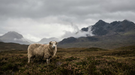Fluffy Sheep Standing Alone in Misty Scottish Highlands Landscape