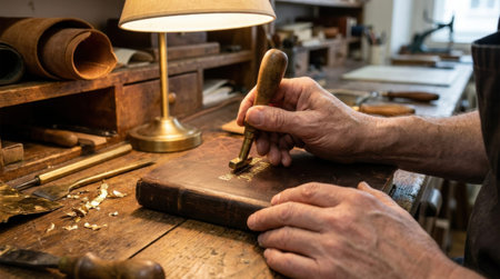 Bookbinder Embossing Gold Lettering onto Vintage Journal