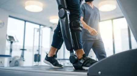 Patient Walking on Treadmill With Carbon Fiber Exoskeleton