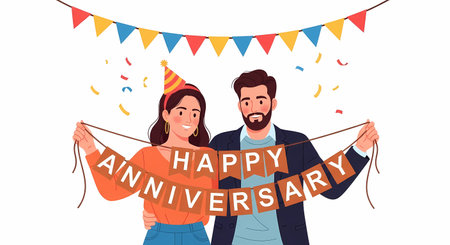 Couple Holding Happy Anniversary Banner