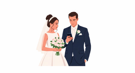 Wedding Guest Checking Wedding Schedule on Phone Flat Vector Illustration