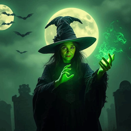 Scary witch in front of the full moon. Halloween concept.の写真素材