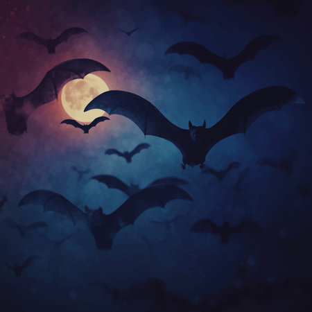 Halloween background with bats flying in the night sky and full moonの写真素材