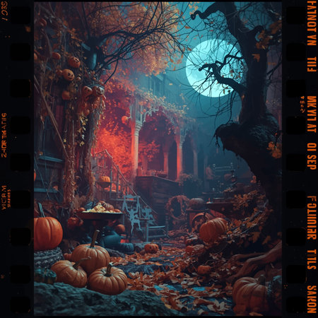 Halloween background with pumpkins, witch's cauldron and falling leaves