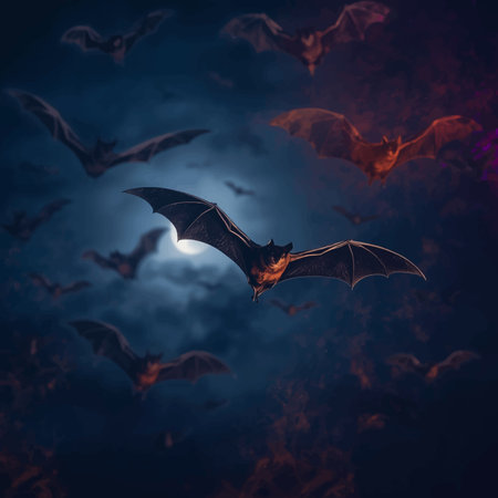 Halloween background with flying bats and full moon. 3d renderingの写真素材