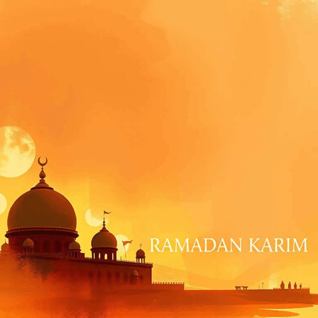 Ramadan Kareem greeting card with mosque and sunset. Vector illustrationの写真素材