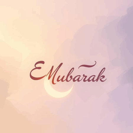 Eid Mubarak lettering with moon on watercolor background. Vector illustration.の写真素材