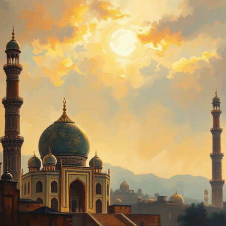 Beautiful sunset over the mosque in Jaipur, Rajasthan, Indiaの写真素材