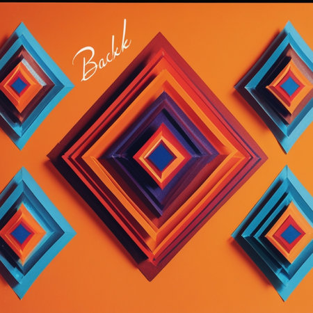 Colorful geometric shapes on orange background. Top view. Copy spaceの写真素材