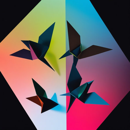 Abstract origami birds on a colorful background. 3d rendering.の写真素材