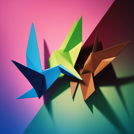 Paper origami birds on a colorful background. 3d illustration.の写真素材