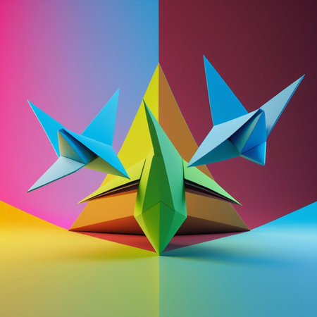 Colorful origami star on colorful background. 3D illustration.の写真素材