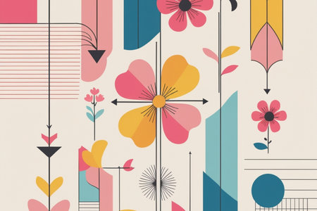 Retro floral background with geometric shapes and flowers. Vector illustration.の写真素材