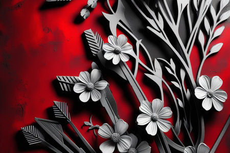 3d illustration of abstract floral background with white flowers on red backdropの写真素材