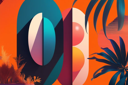 Abstract background with geometric shapes and palm leaves. 3d render illustrationの写真素材