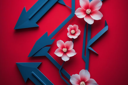 Red and blue arrows with pink hibiscus flower on red backgroundの写真素材