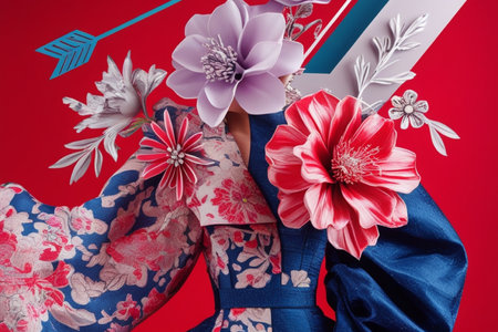 Beautiful woman in a blue kimono with flowers on a red backgroundの写真素材