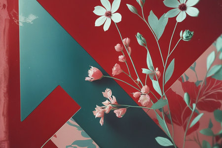 Flowers on a red and blue background. Floral background.の写真素材