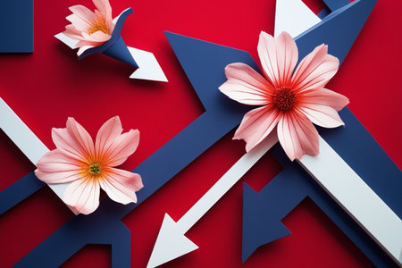 Flower and arrow on red background. 3d render illustration.の写真素材