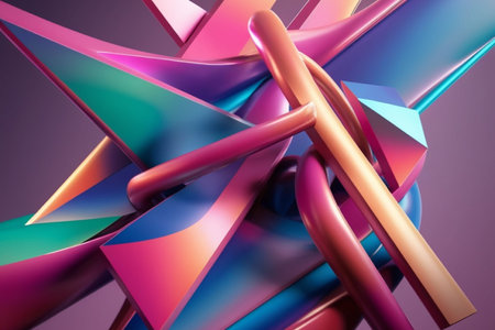 3d rendering of abstract geometric shapes in pink, blue and yellow colors
