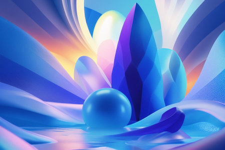 3d render, abstract background with blue and purple waves and spheres