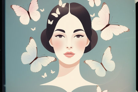 Beautiful woman face with butterflies on the background. Vintage style.の写真素材