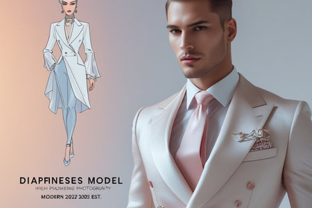 stylish young man in white suit with hand drawn fashion sketch isolated on greyの写真素材