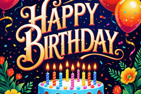 Happy Birthday greeting card with cake, candles, balloons and confetti.の写真素材