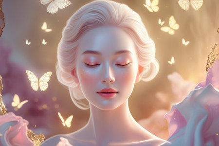 3d illustration of beautiful woman face with butterflies in the background.の写真素材