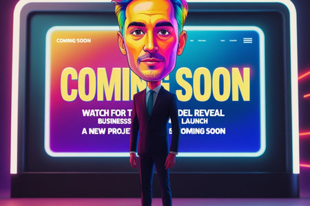 3d rendering of a man in a suit with the words coming soonの写真素材